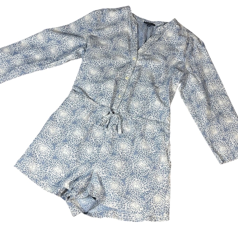 J.Crew Mercantile Romper Women 10 Blue Floral Longβ Sleeve Drawstring Cotton